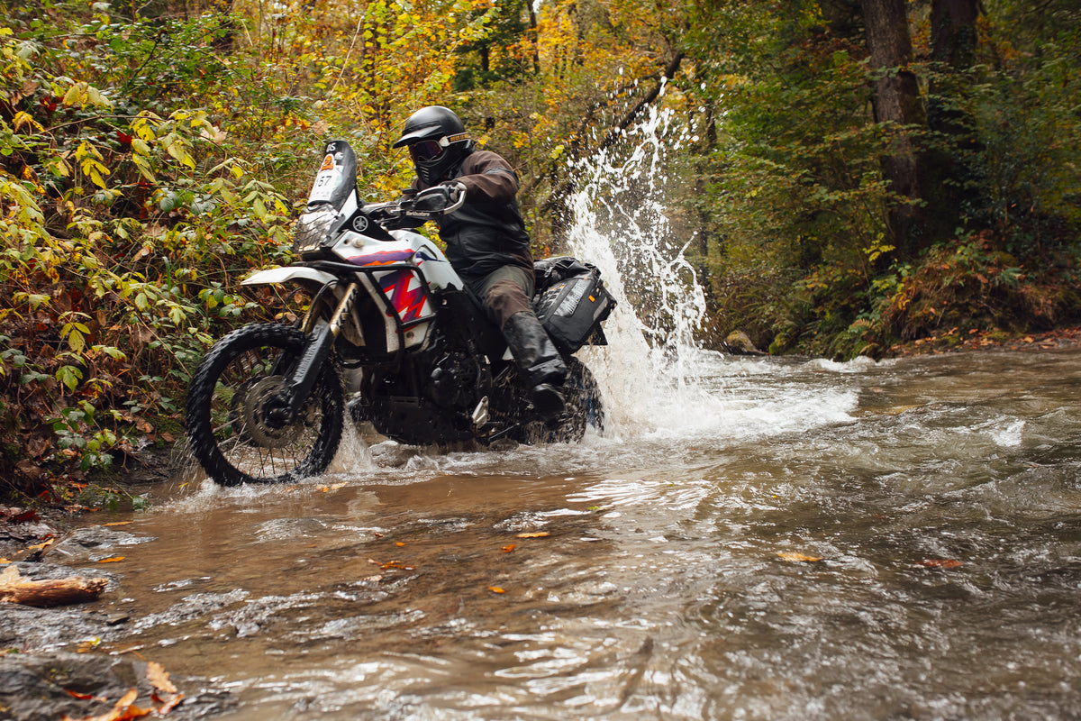 Yamaha Tenere 700 crossing water with Dirtsack luggage