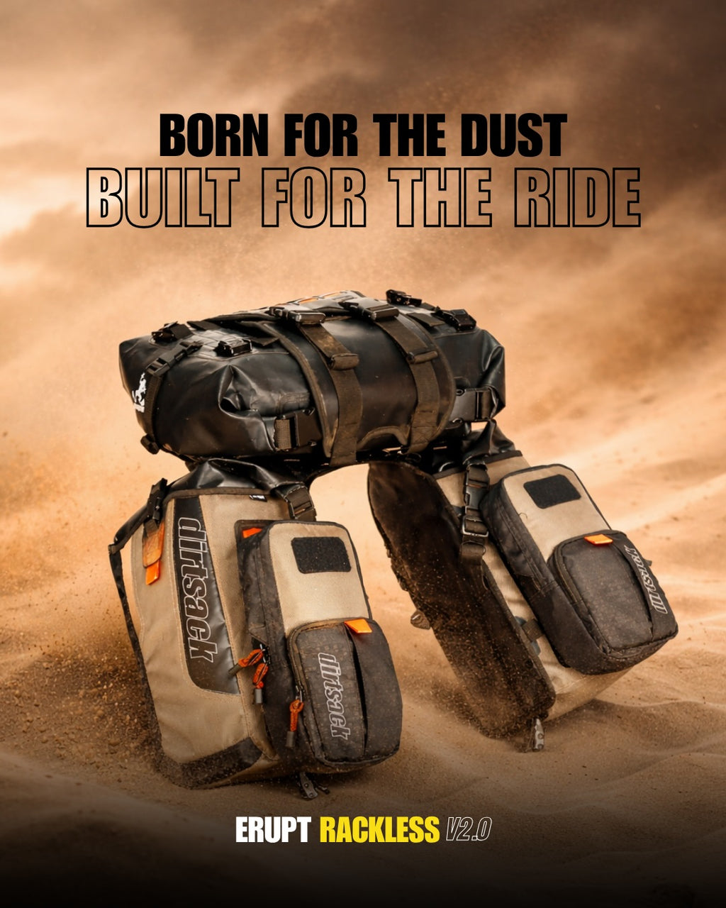 Dirtsack Erupt Rackless V2 Soft Luggage ADV 2 x 24L Sandstorm & Black Regular Width