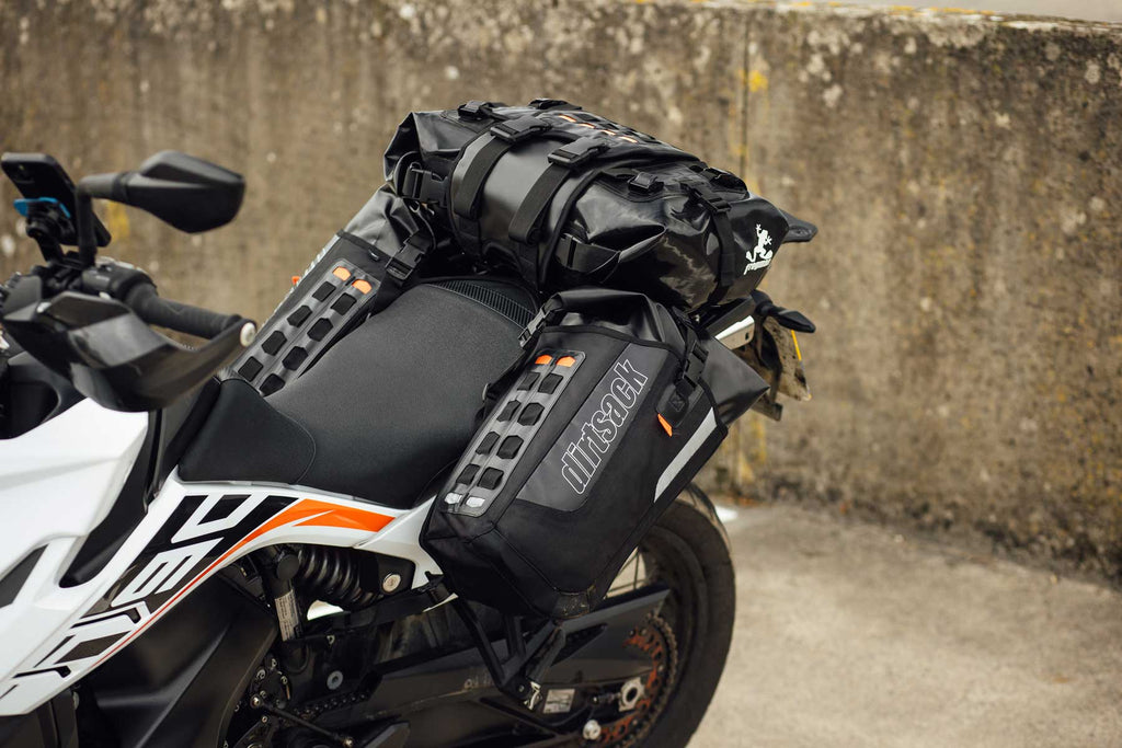 Dirtsack Erupt Rackless V2 Soft Luggage ADV Kit 2 x 24 litre All Black X-Wide No Pannier Racks Needed
